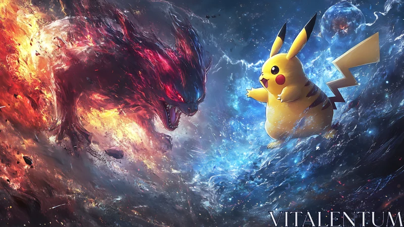 Pikachu confronts a fiery beast amid clashing cosmic storms