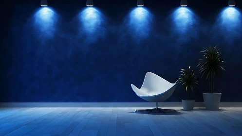 Modern lounge interior with blue wall, chair and plants.