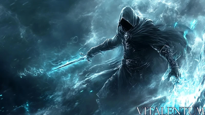 Hooded wraith commands icy magic amid a storm of spectral frost