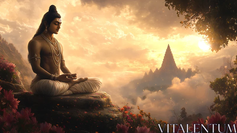 Meditating deity gazes over golden temple above the clouds