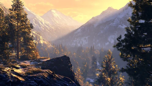 Sunlit conifer forest below distant snowy mountain peaks.