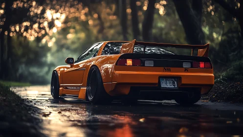 Orange modified sports car parked on wet forest road at dusk