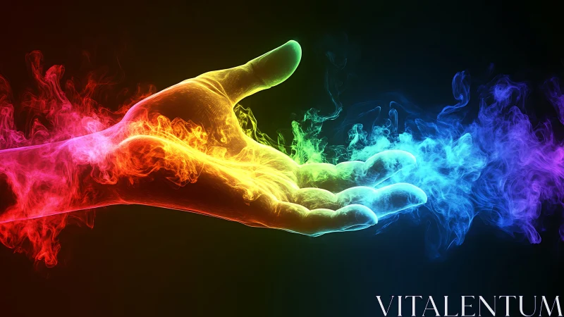 Prismatic hand conjures swirling spectral rainbow smoke trail.