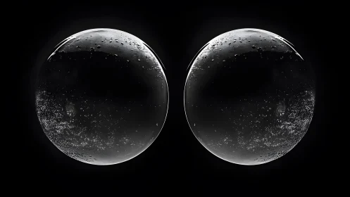 Twin glass spheres with cosmic reflections on black background.