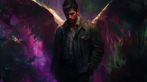 Man with shadowed wings stands in vivid abstract light