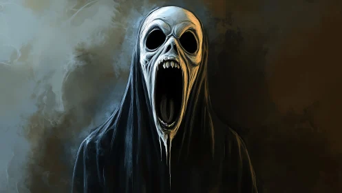 Cloaked skeletal wraith with abyssal jaw in spectral fog field.