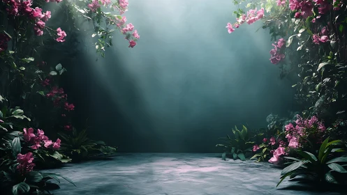 Misty Garden Sanctuary with Pink Blooms and Ethereal Light.