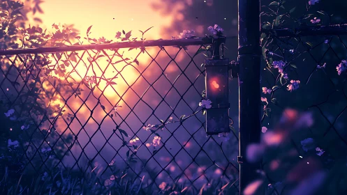 Sunlit chain link fence with flowers and soft glowing dusk