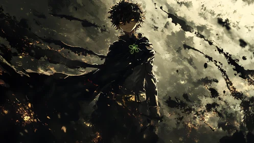 Dark cloaked anime figure amid swirling ash and light.