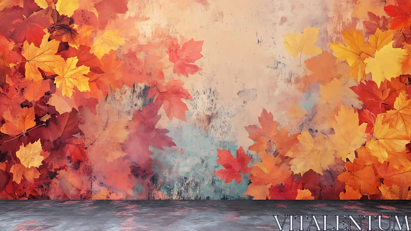 Autumn maple foliage mural with textured grunge wall and floor