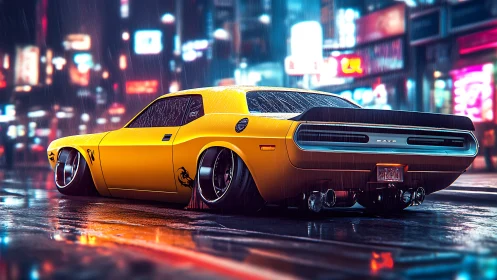 Yellow modified muscle car in wet neon urban street scene.