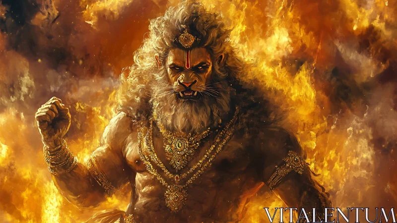 Lion headed warrior deity amid flames in digital artwork.
