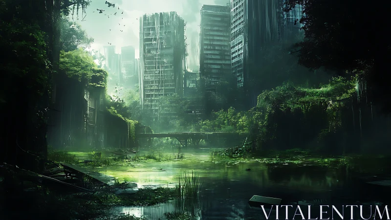 Overgrown high‑rise ruins surrounding stagnant urban waterway.