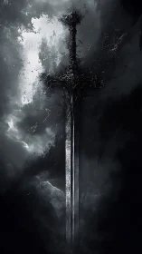 Dark fantasy greatsword in monochrome atmospheric composition.