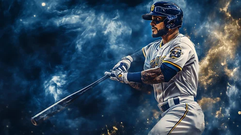 Starlit slugger carves power through swirling cosmic smoke.