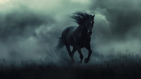 Dark horse moves forward through dense ground fog