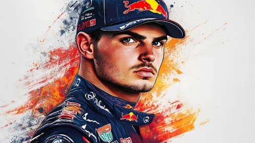 Highly saturated digital portrait of racing driver in branded suit