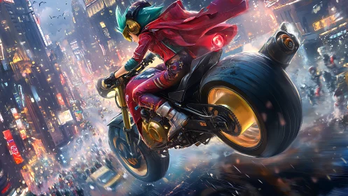 Cyberpunk rider launches neon bike above stormy city