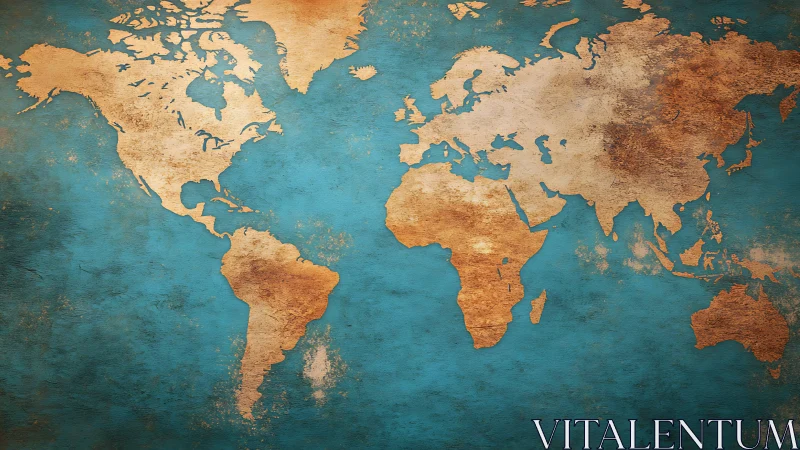 Antique textured world map with distressed golden continents