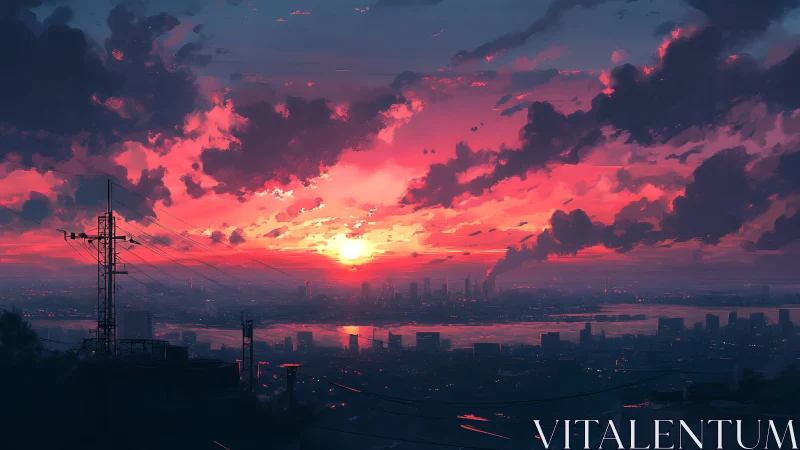 Vibrant industrial skyline rendered under a saturated neon sunset