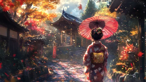 Autumn lantern path with kimono dreamer beneath crimson parasol.