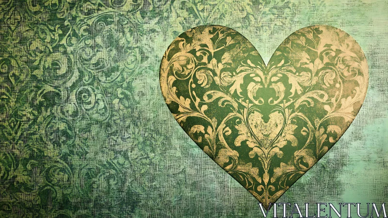 Ornate Golden Heart on Damask Textile Background.