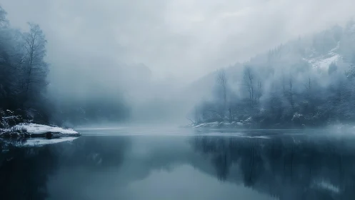 Snowy forested lake reflects misty winter mountains