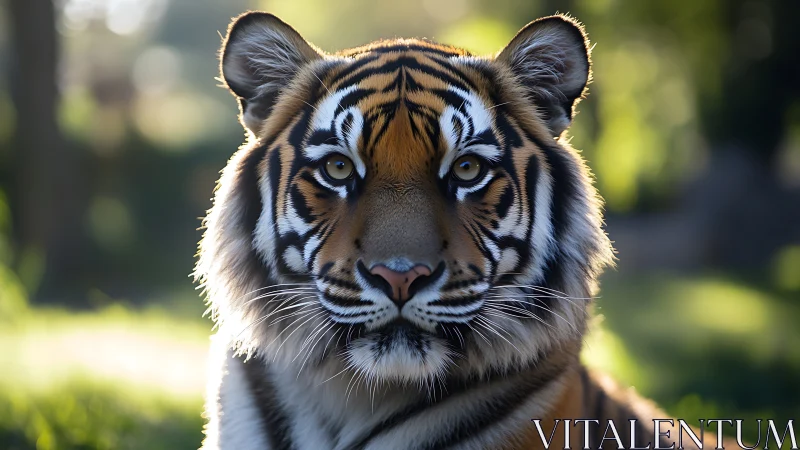 Frontlit Bengal tiger portrait with shallow depth of field bokeh