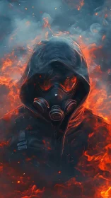 Hooded gas mask figure emerging through infernal flames.