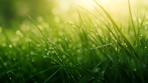 Morning sunlight gently awakens fresh dewy blades of grass