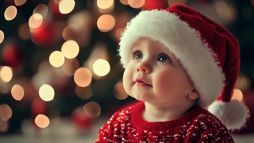 Baby in red Santa hat against blurred festive lights.