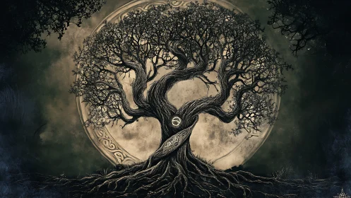 Ancient mythic tree silhouette spans lunar mandala disk