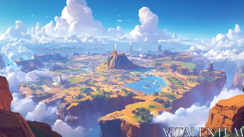 Cloud-wrapped canyon kingdom drifts above a bright inland sea