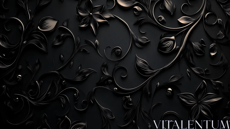 Dark metallic floral relief pattern on black surface.