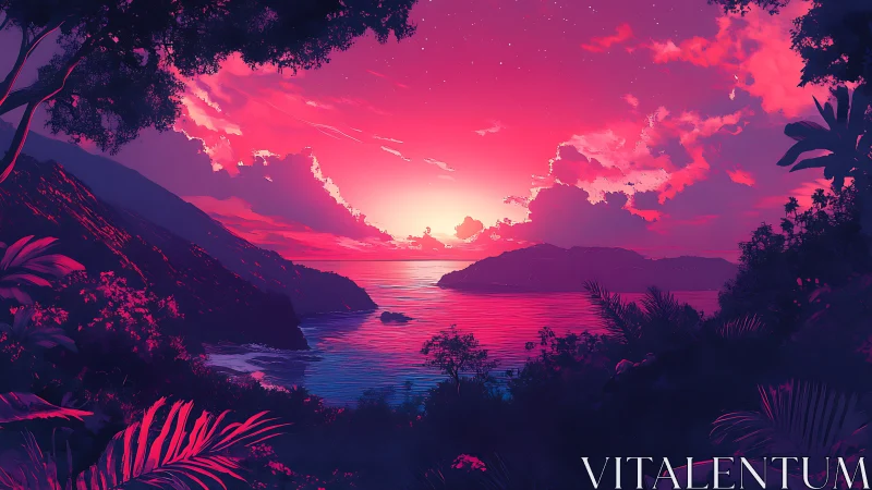 High-saturation tropical bay sunset with silhouetted foliage and islands