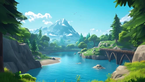 Stylized mountain river valley with timber bridge and pines