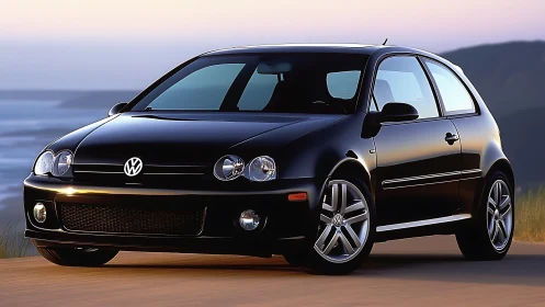 Black Volkswagen hatchback parked on coastal road at dusk