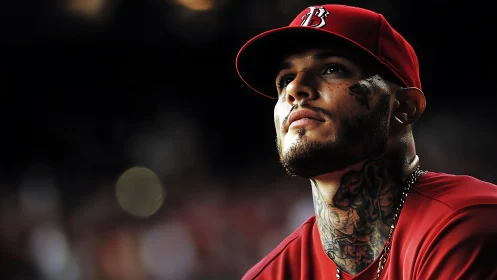 Floodlit resolve crowns the tattooed ballplayer in red focus