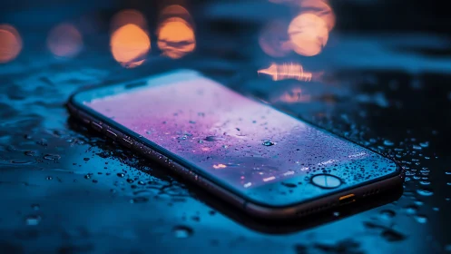 Rain-soaked smartphone glowing softly in neon twilight.