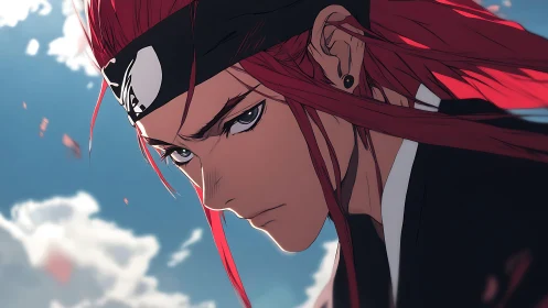 Red haired anime character in profile against sky background.