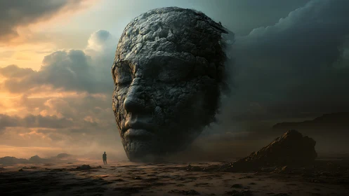Colossal stone face adrift in misty twilight wasteland.