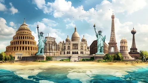 Composite coastal skyline merges global monuments in unified plane