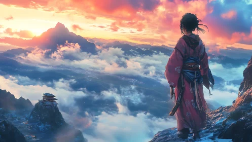 Skyline ronin greeting a sunrise over cloud-swept temples.