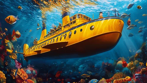 Yellow submarine gliding above vibrant coral reef environment.