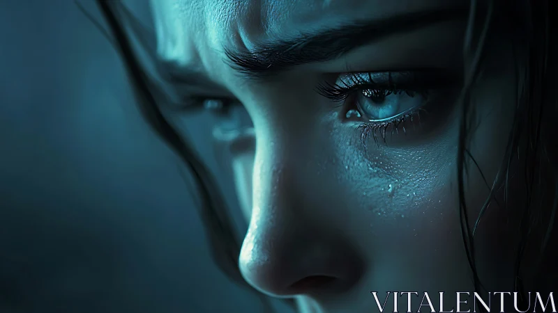 Close-up digital portrait of pensive woman in blue light.