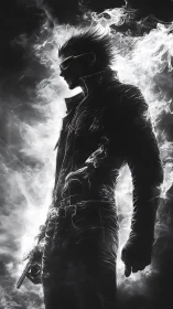 Monochrome gunfighter silhouette wreathed in spectral smoke.