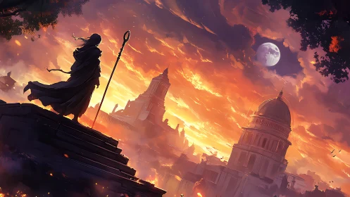 Robed figure overlooks domed city under burning sunset sky