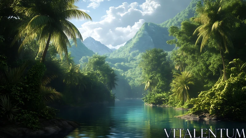 Tropical river valley with dense palm forest and mountains.