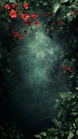 Emerald jungle window framed in scarlet hibiscus bloom.