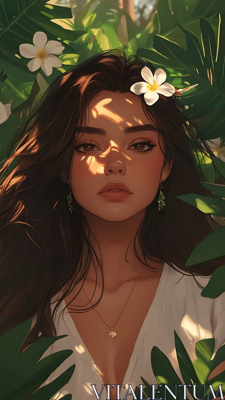 Sunlit jungle muse crowned in frangipani shadows. Period.